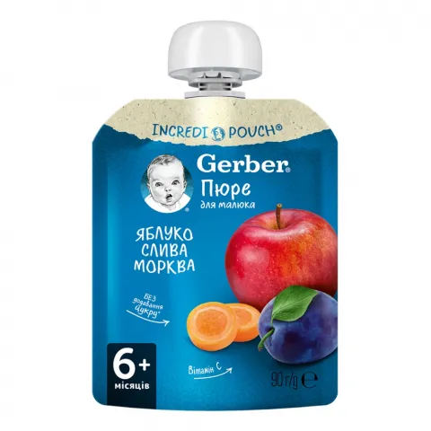 Пюре Gerber 90 г д/пак. яблуко, слива, морква