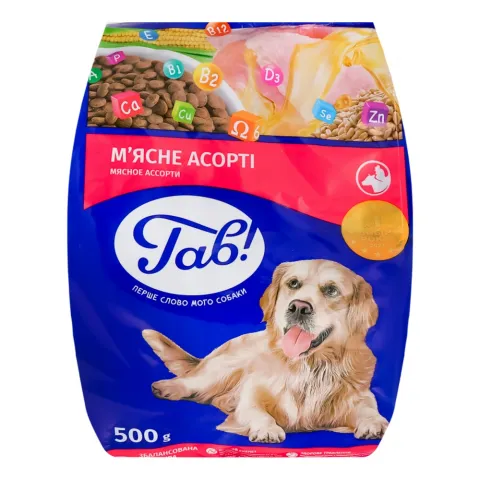 Корм д/собак Гав! 500 г пак. М`ясне асорті
