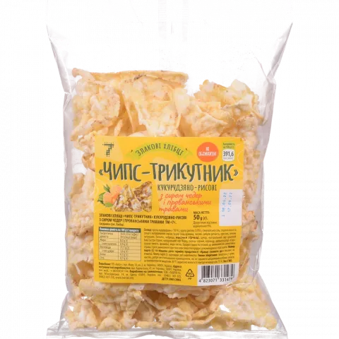 Злакові хлібці 7` Чипс-трикутник 50 г кукур.-рис. з сиром чедер і прованськими травами`